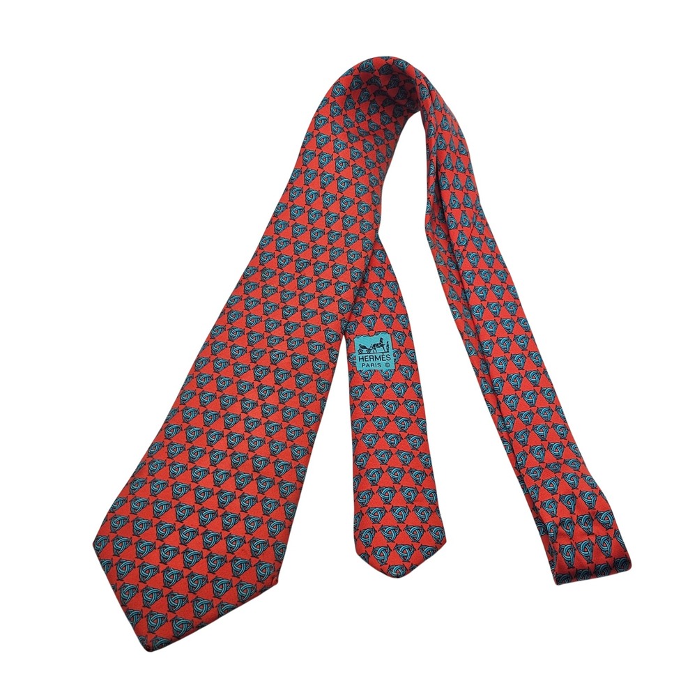 Hermes Silk Tie Red Blue Geometric Celtic Knot French Designer Luxury Old Money - Picture 4 of 8